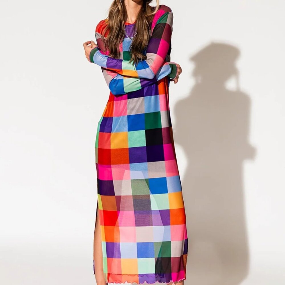 Dressed in Lala Mad About You Long Sleeve Mesh Dress in Forever Young Check M